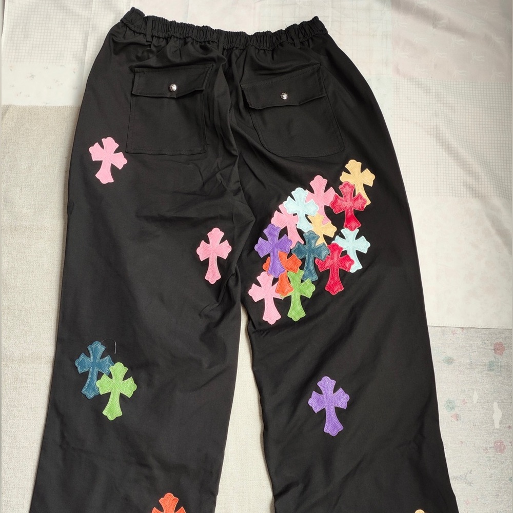 Chrome Hearts Black Cargo Pants with Multicolor Cross Appliqués - Picture 1 of 9